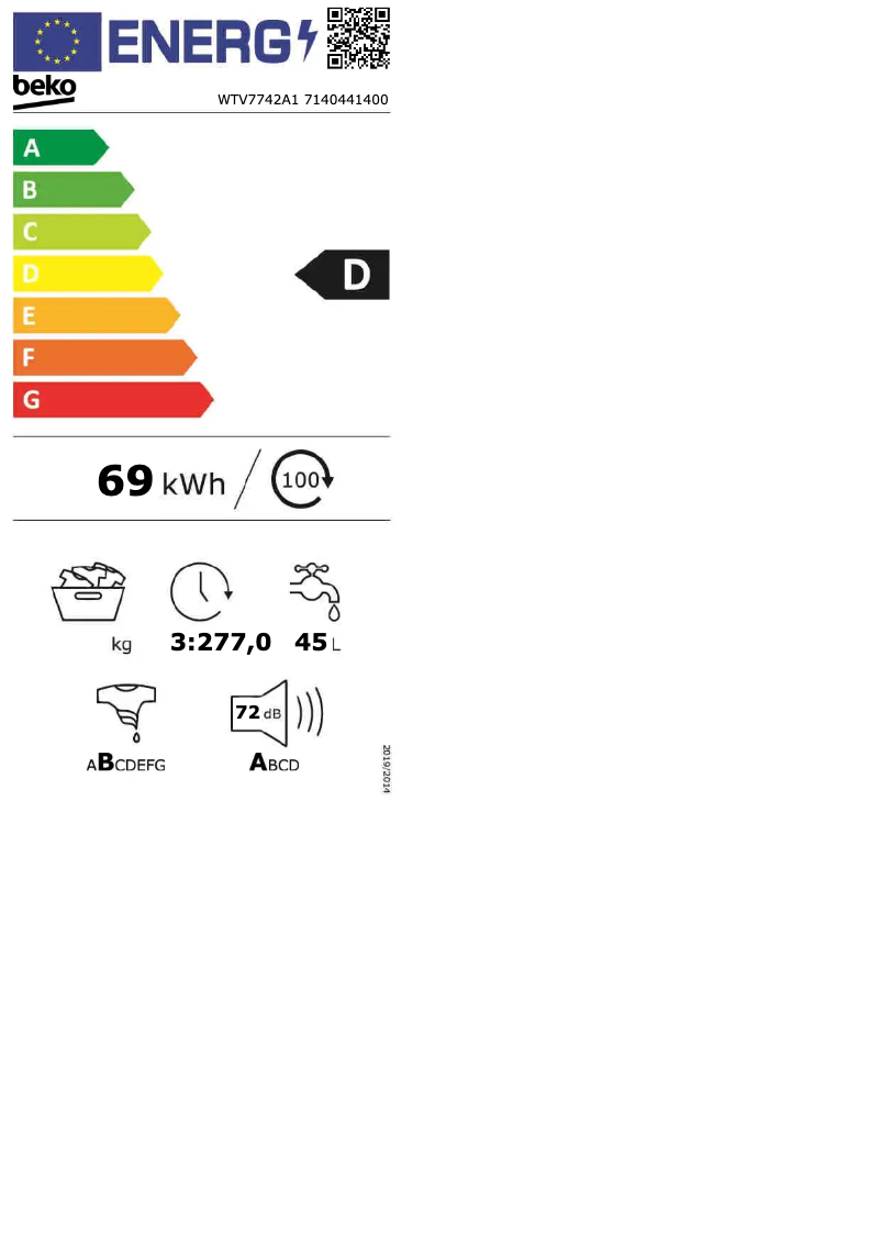 Page 1 de la notice Label énergétique Beko WTV7742A1