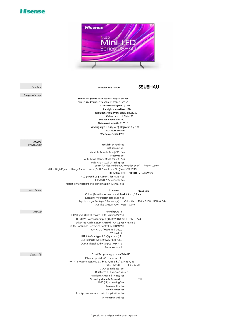 Página 1 del manual Ficha técnica Hisense 55U8HAU