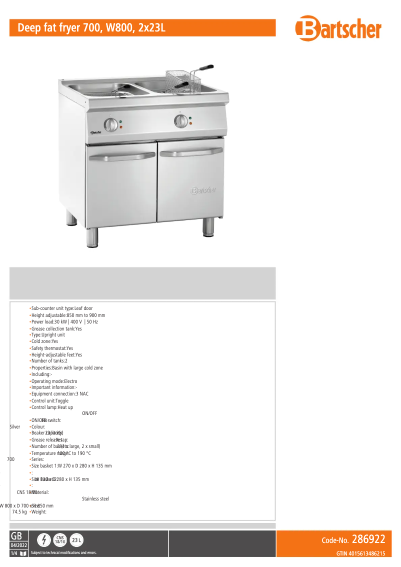 Page 1 de la notice Fiche technique Bartscher 286922