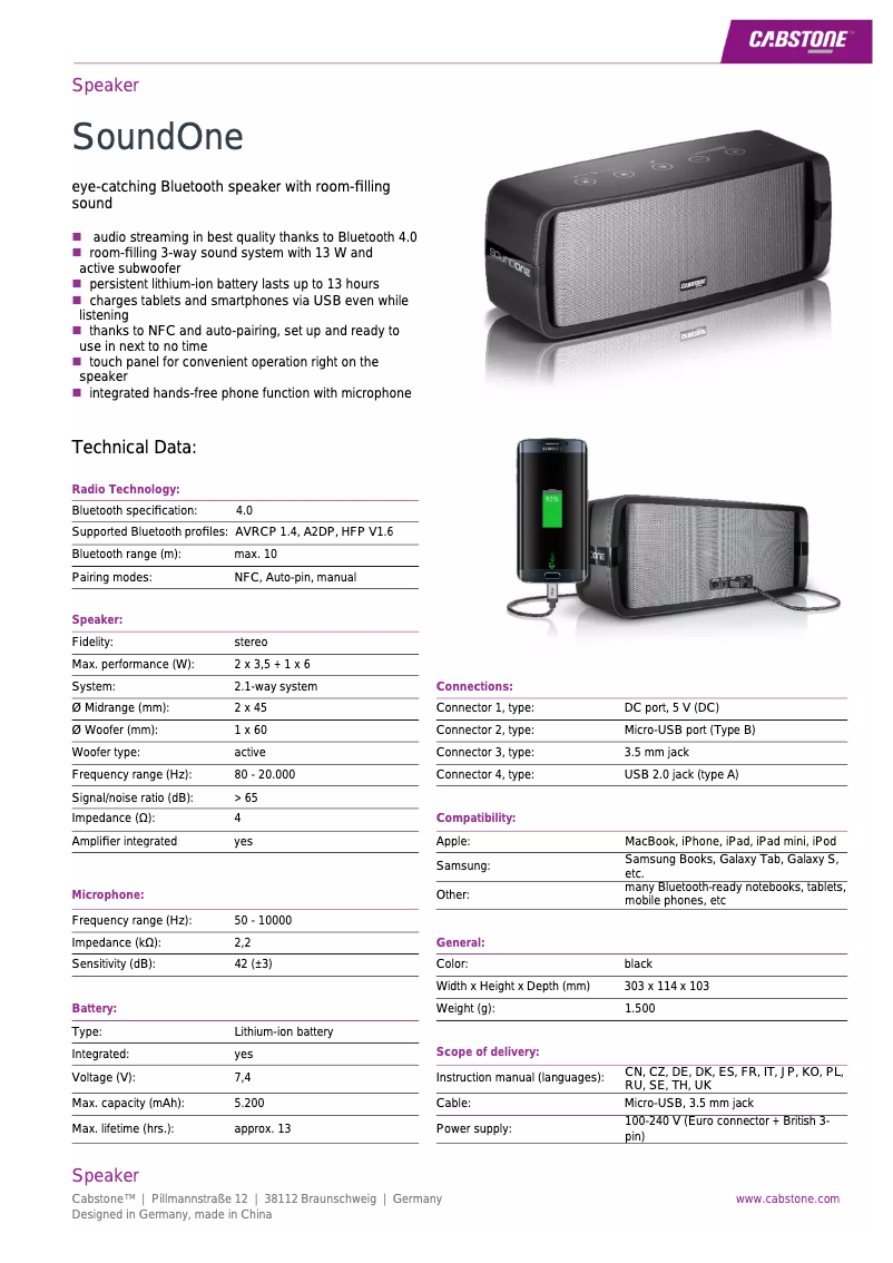 Page 1 de la notice Fiche technique Cabstone SoundOne