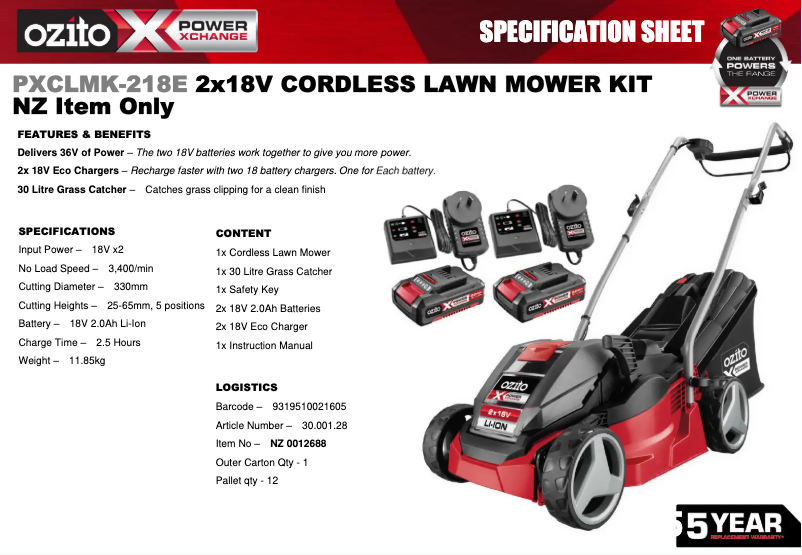 Page 1 de la notice Fiche technique Ozito PXCLMK-218E