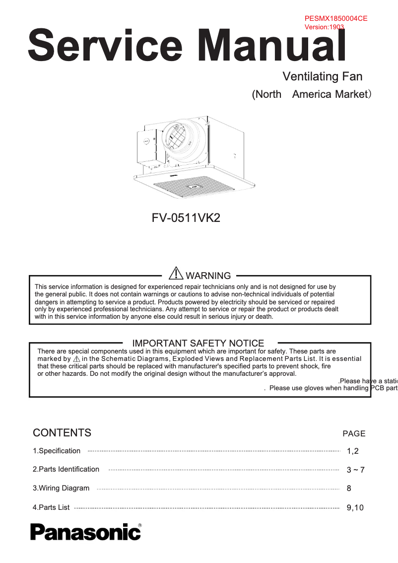 Page 1 de la notice Manuel utilisateur Panasonic FV-0511VK2