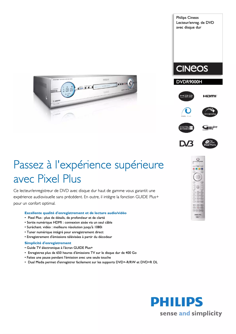 Page 1 de la notice Fiche technique Philips DVDR9000H