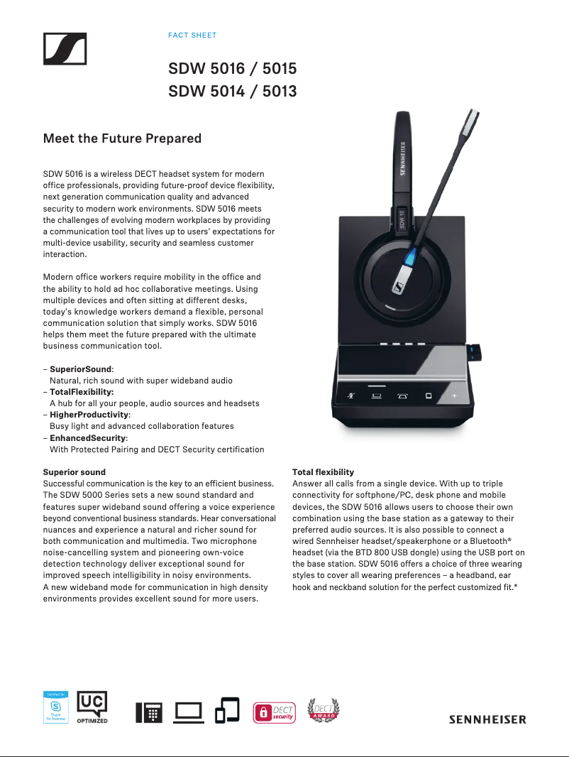 Page 1 de la notice Fiche technique Sennheiser SDW 5016