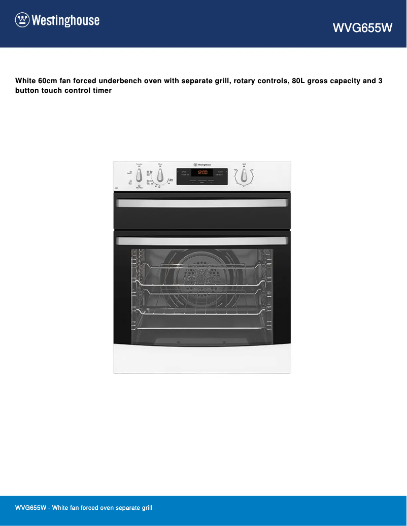 Page 1 de la notice Fiche technique Westinghouse WVG655W