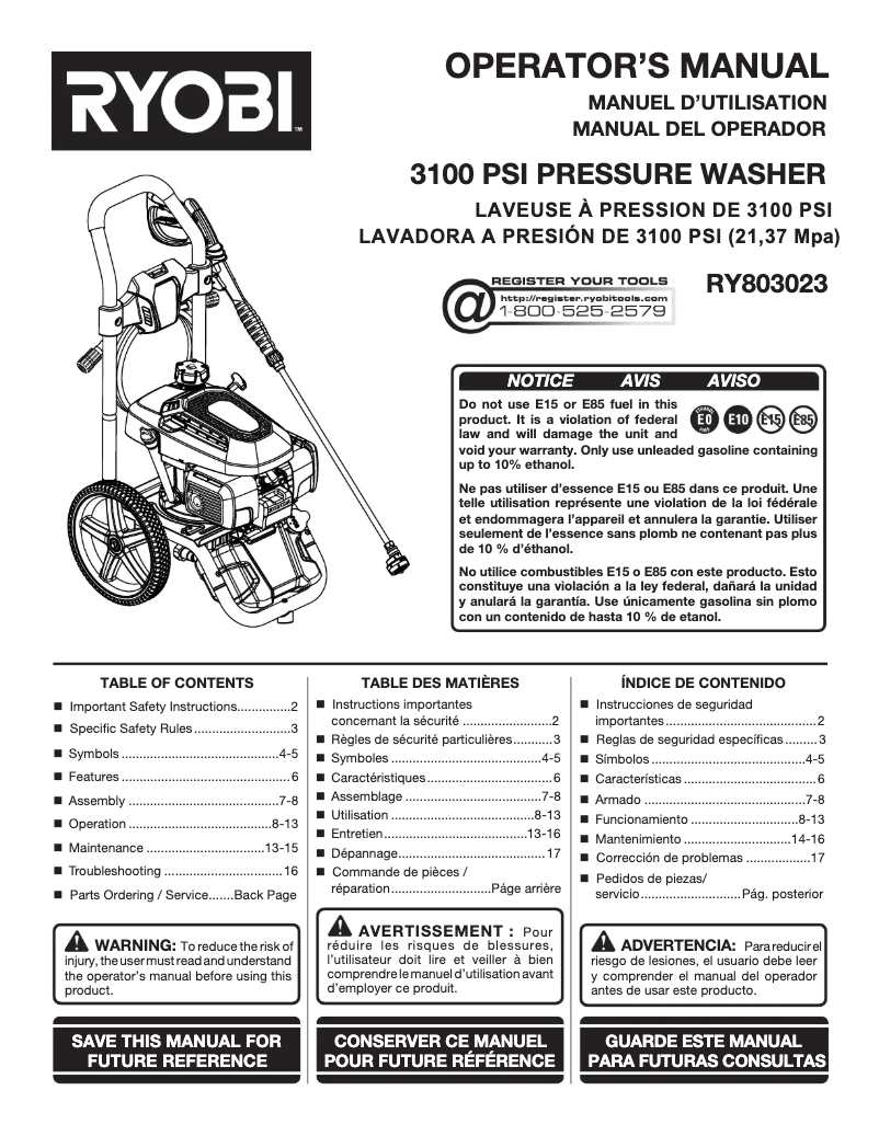 Page 1 de la notice Manuel utilisateur RYOBI RY803023