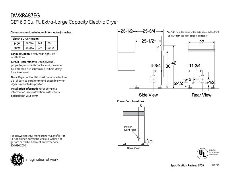 Página 1 del manual Ficha técnica GE DWXR483EGWW