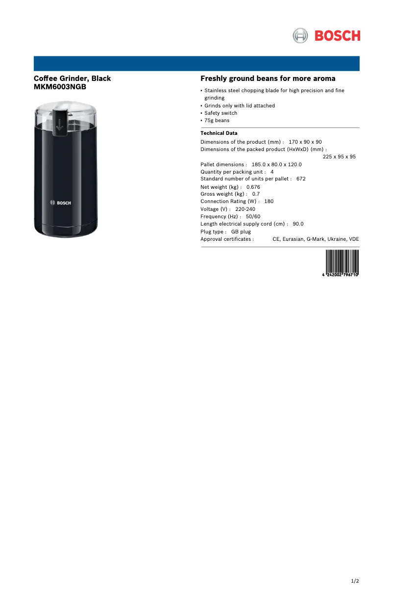 Page 1 de la notice Fiche technique Bosch MKM6003NGB