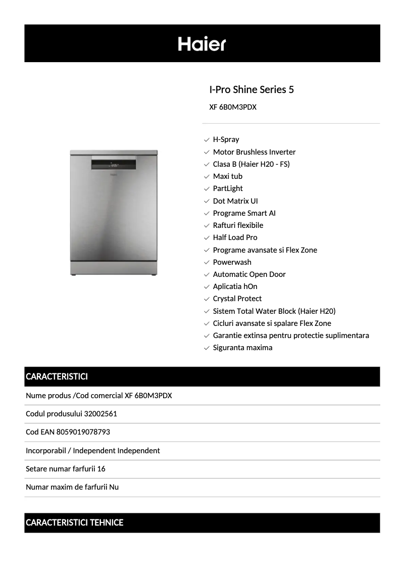 Page 1 de la notice Fiche technique Haier XF 6B0M3PDX