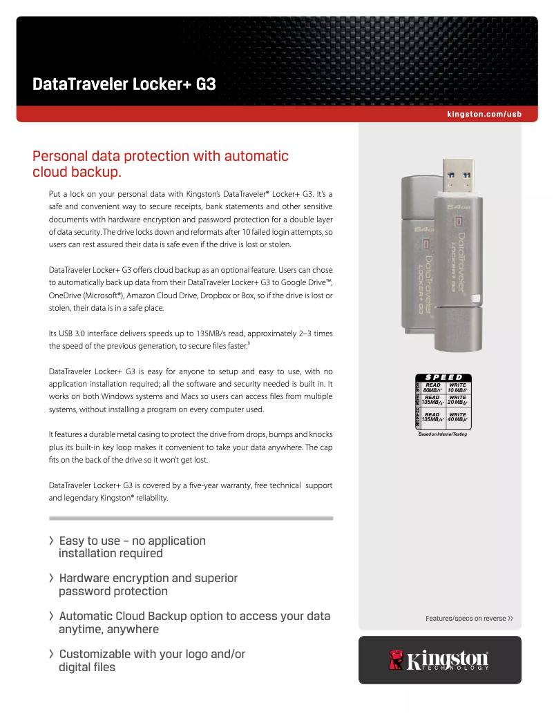 Page 1 de la notice Manuel utilisateur Kingston DataTraveler Locker + G3