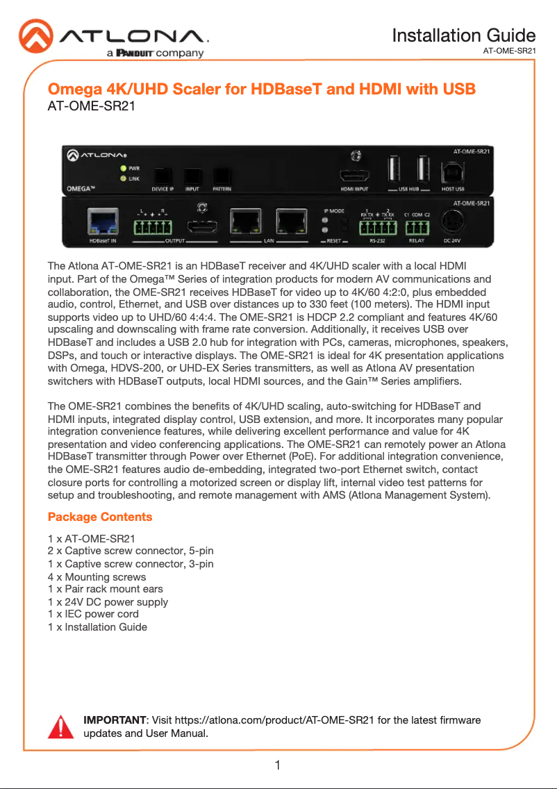 Page 1 de la notice Guide d'installation Atlona AT-OME-SR21