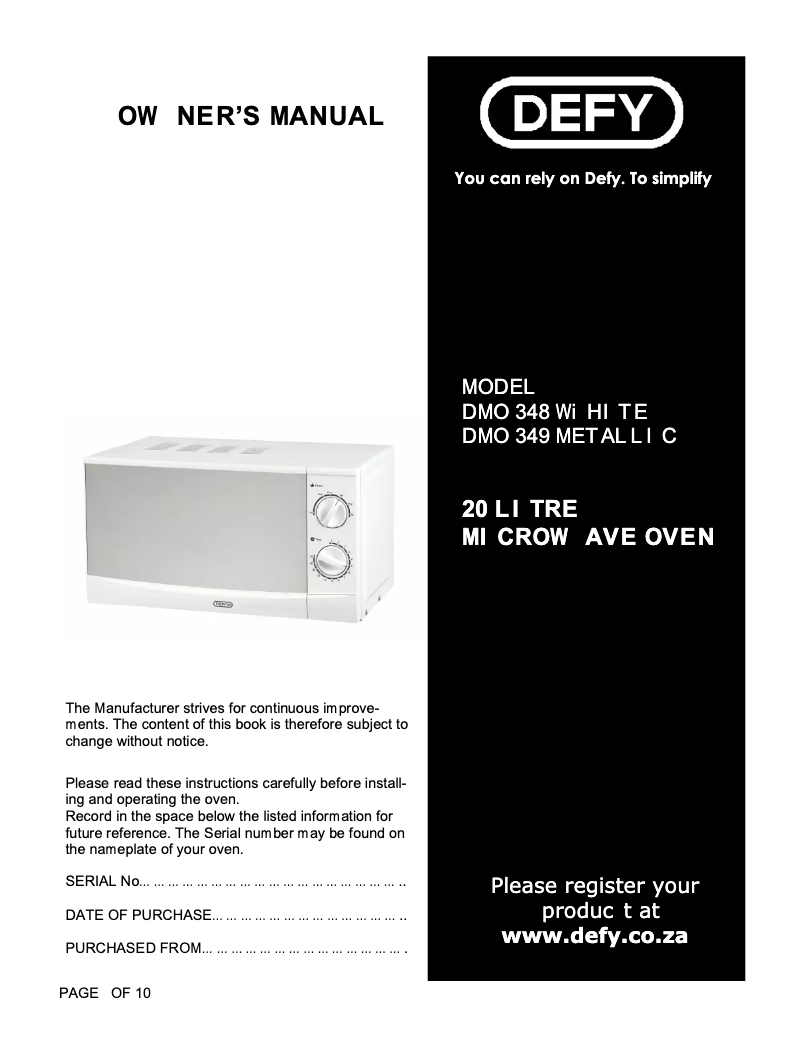 Page 1 de la notice Manuel utilisateur Defy DMO 349