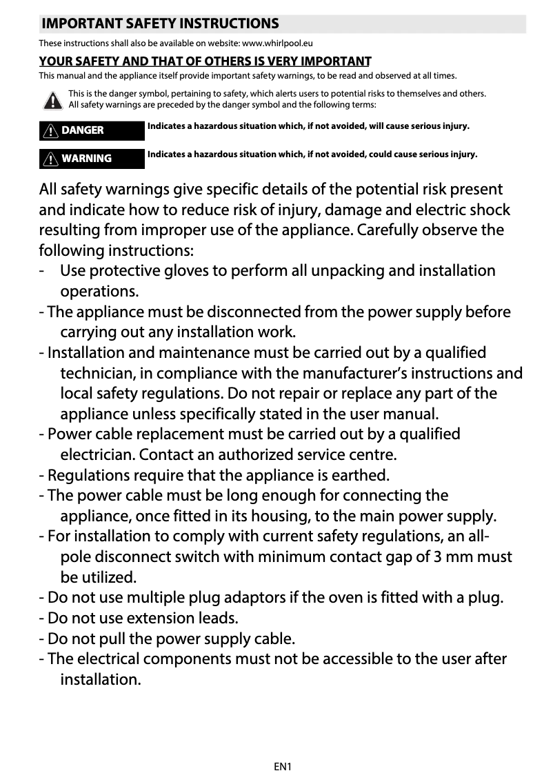 Page 1 de la notice Instructions / montage Whirlpool AKPM 6580/IXL