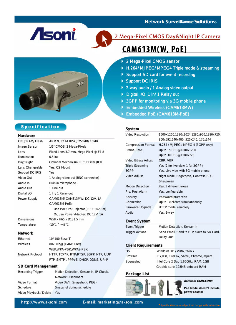 Page n°1 - Manuel utilisateur Asoni CAM613M