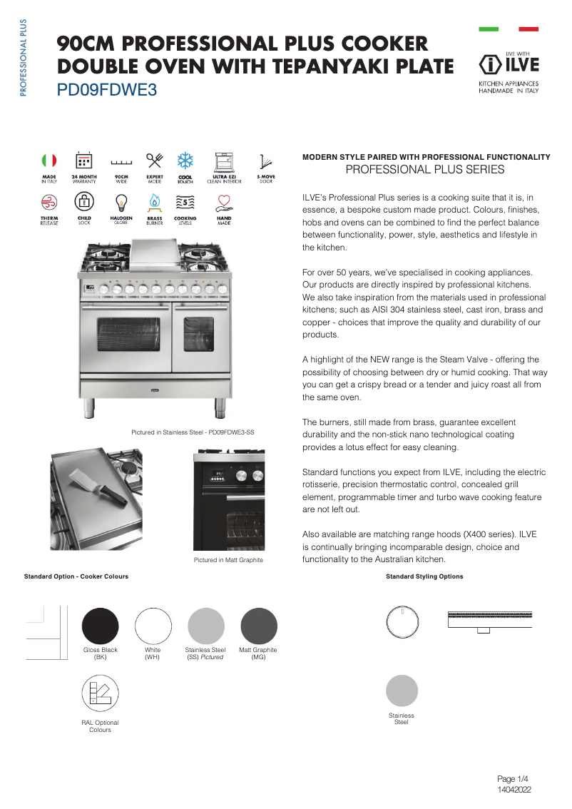 Page 1 de la notice Fiche technique Ilve PD09FDWE3BK