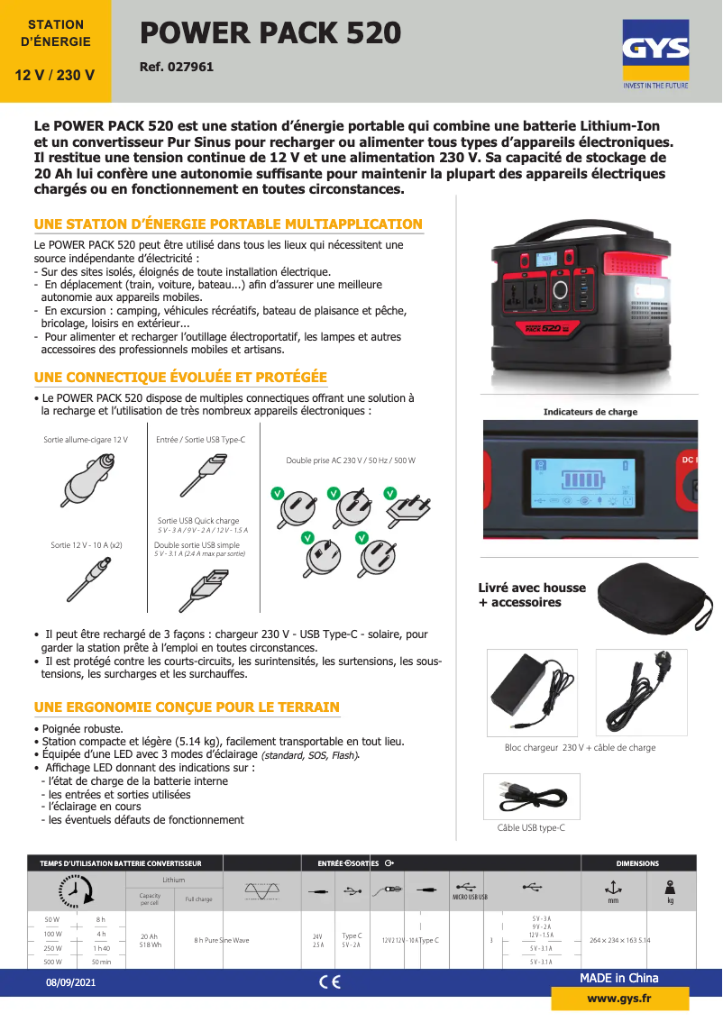 Page 1 de la notice Fiche technique GYS Power Pack 520