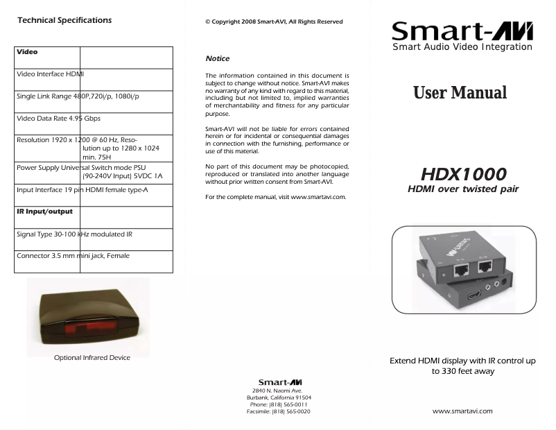 Page 1 de la notice Manuel utilisateur Smart-AVI HDX-1000