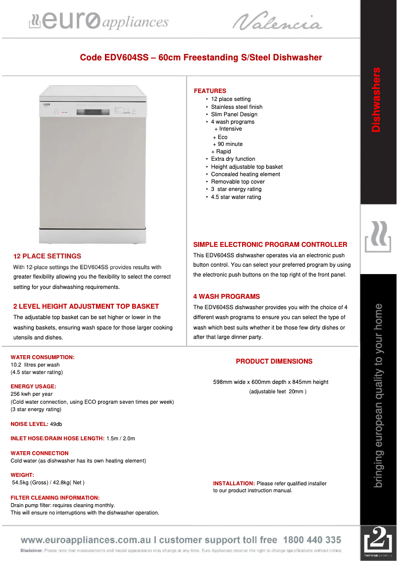 Page 1 de la notice Fiche technique Euro Appliances EDV604SS