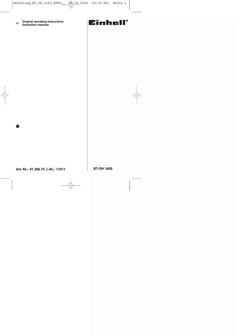 Page 1 de la notice Manuel utilisateur Einhell BT-DH 1600