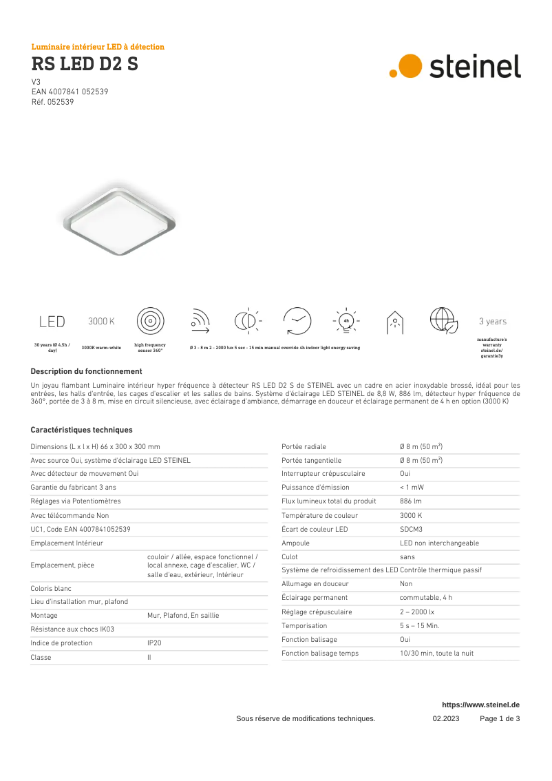 Page 1 de la notice Fiche technique Steinel RS D2 S