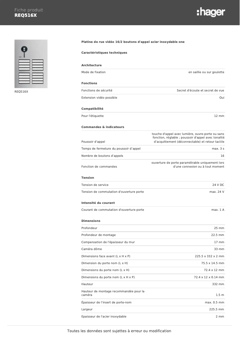 Page n°1 - Fiche technique Elcom REQ516X