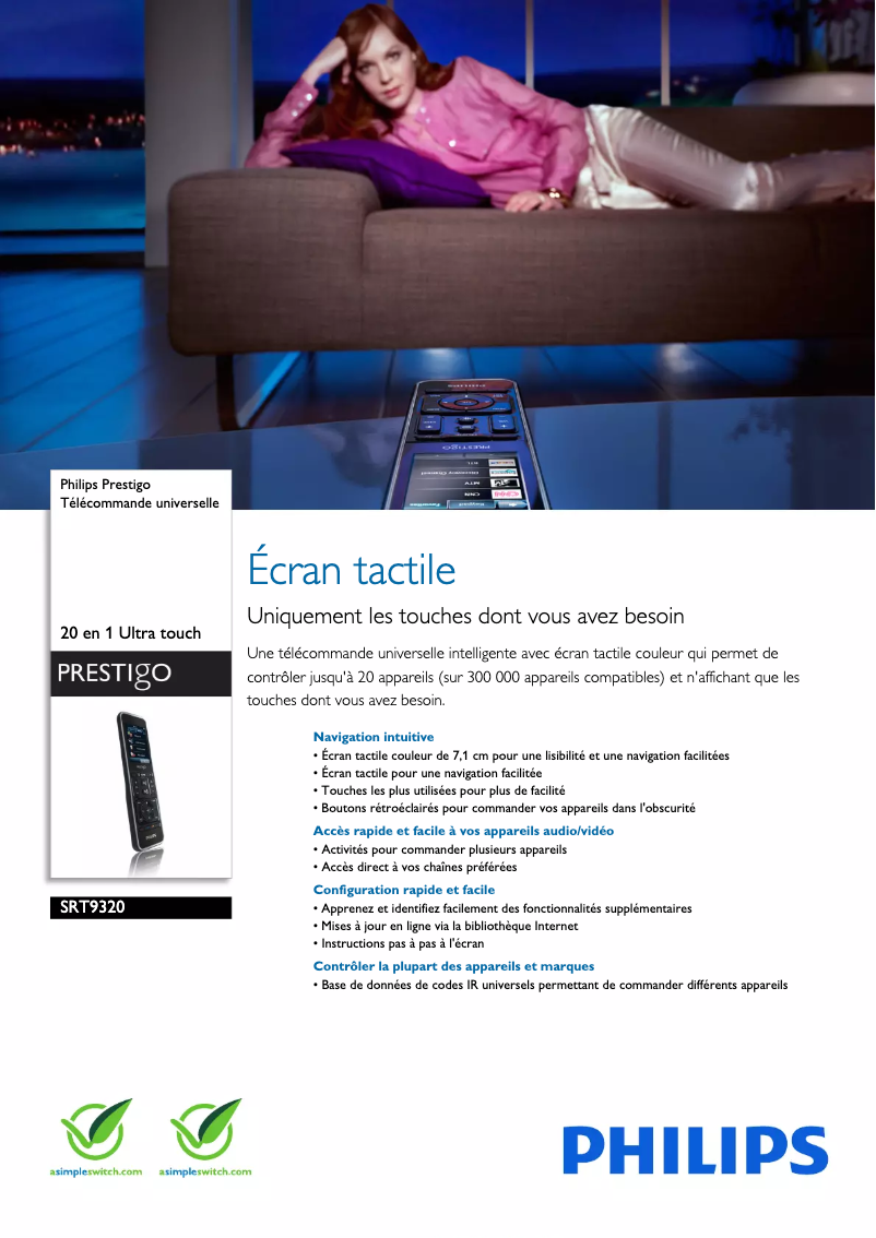 Page 1 de la notice Fiche technique Philips Prestigo SRT9320