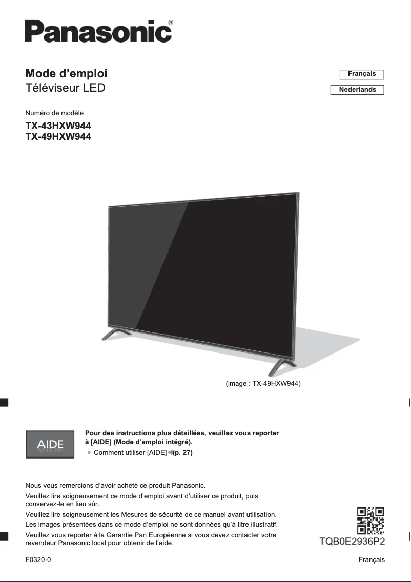Page 1 de la notice Guide de démarrage rapide Panasonic TX-43HXW944