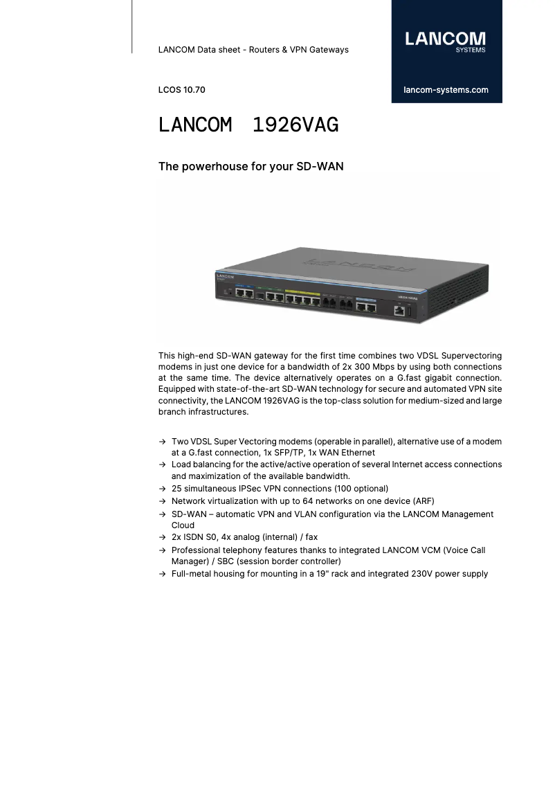 Page 1 de la notice Fiche technique Lancom 1926VAG
