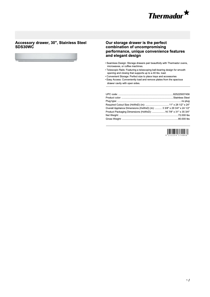 Page 1 de la notice Fiche technique Thermador SDS30WC