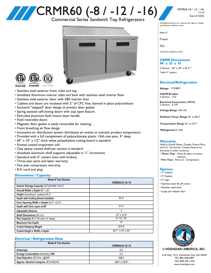 Page n°1 - Fiche technique Hoshizaki CRMR60-16