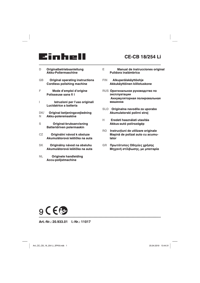 Page 1 de la notice Manuel utilisateur Einhell CE-CB 18/254 Li
