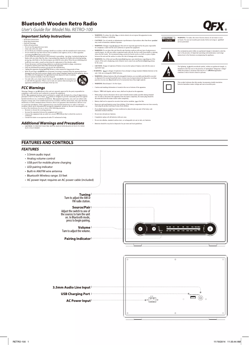 Page 1 de la notice Manuel utilisateur QFX RETRO-100