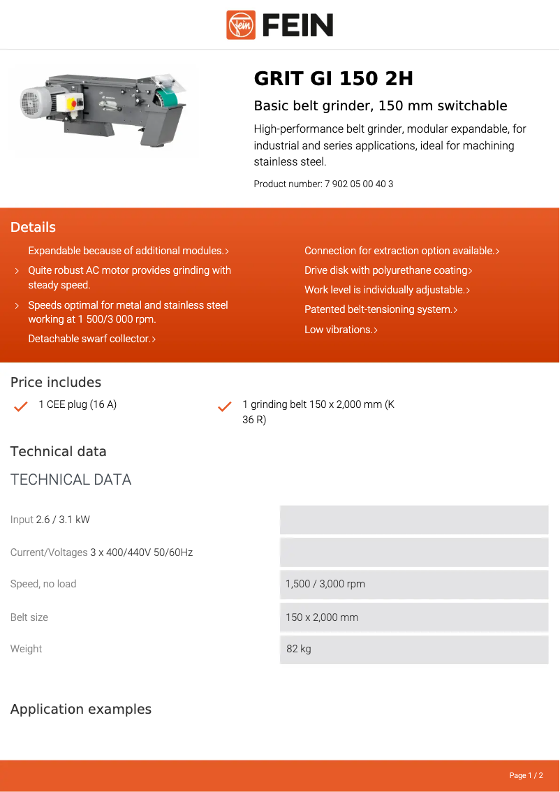 Page 1 de la notice Fiche technique Fein GRIT GI 150 2H