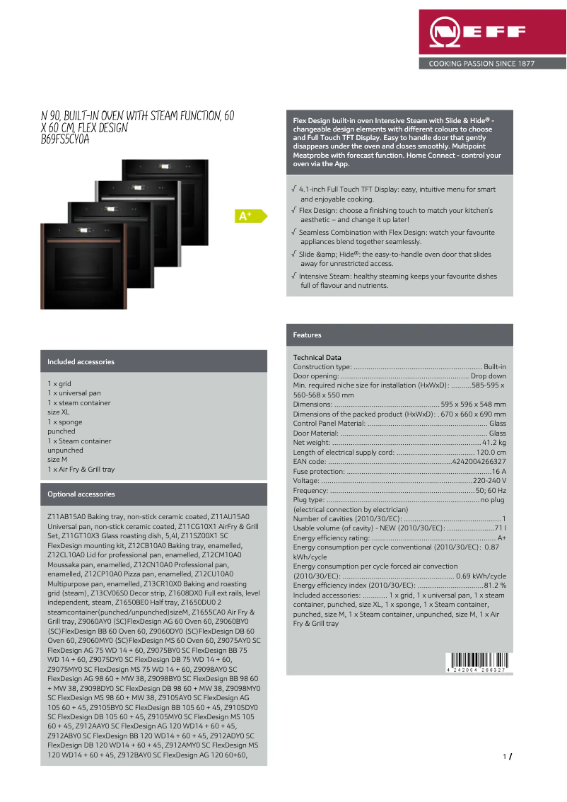 Page 1 of the manual Technical Sheet Neff B69FS5CY0A