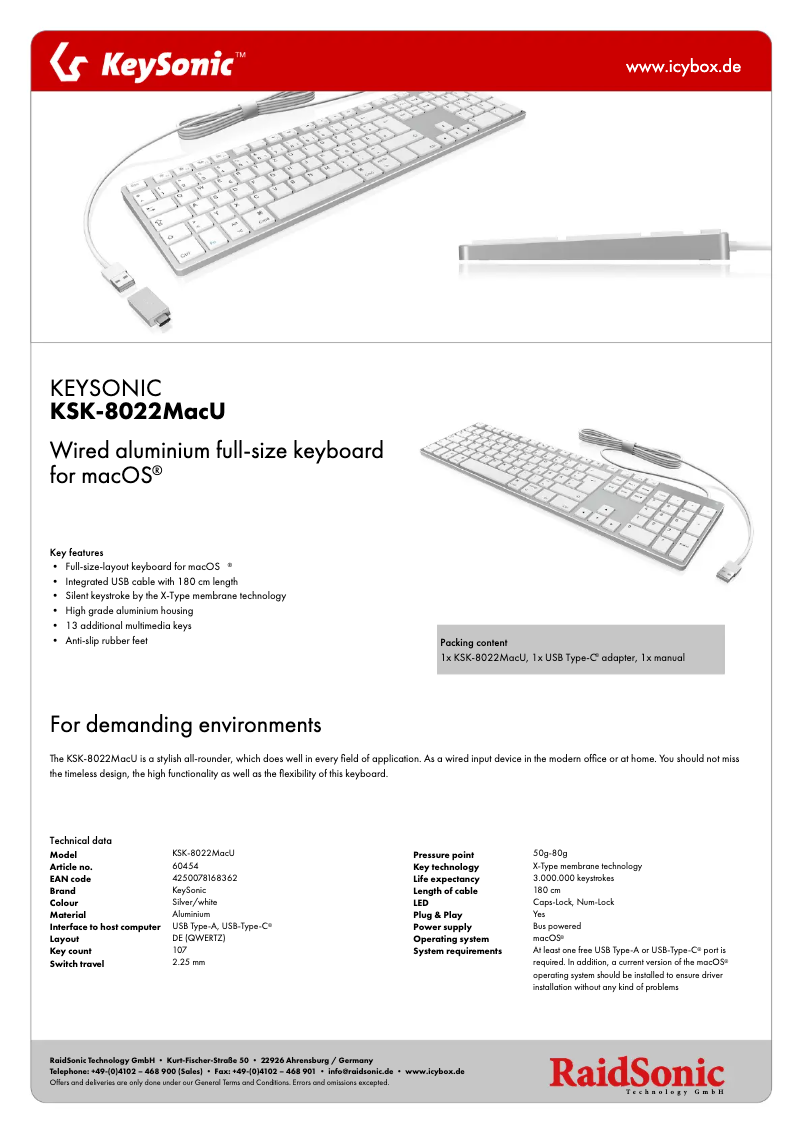 Page n°1 - Fiche technique KeySonic KSK-8022MacU
