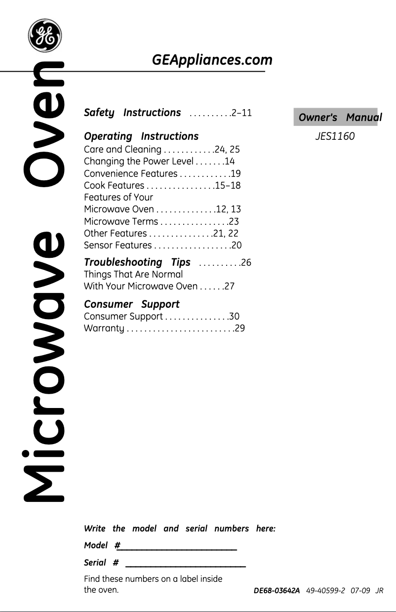 Page 1 de la notice Manuel d'utilisation et d'entretien GE JES1160DPBB