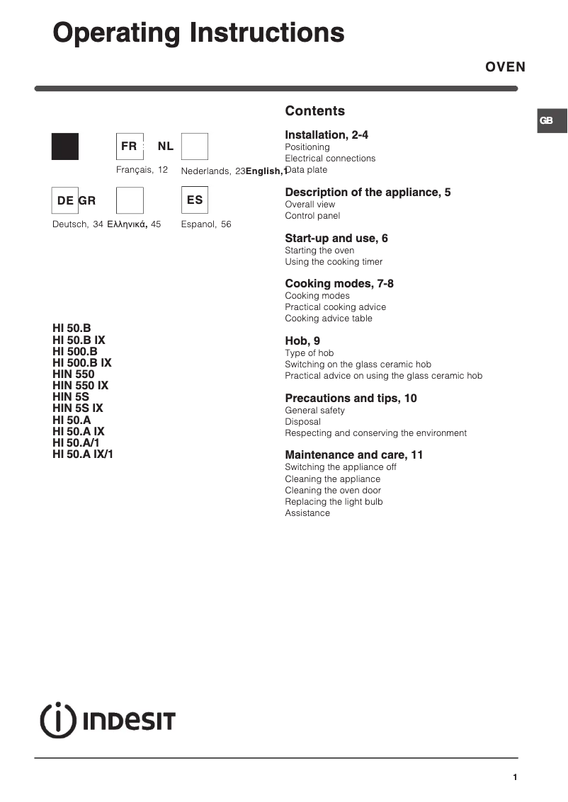 Page 1 de la notice Manuel utilisateur Indesit HI 50.A (WH)/1