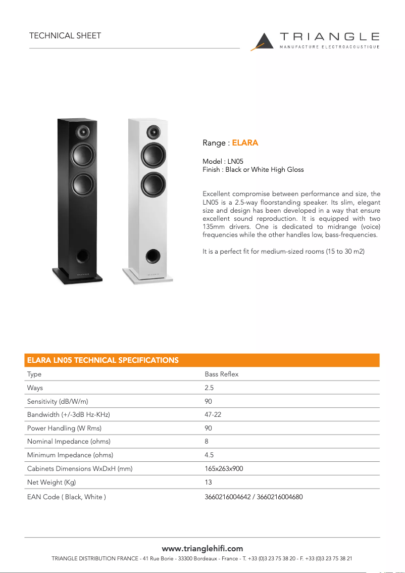 Page 1 de la notice Fiche technique Triangle Elara LN05