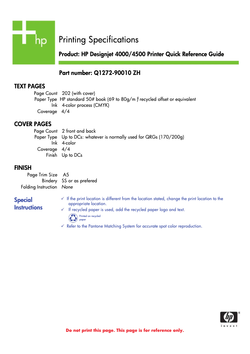 Page 1 de la notice Guide de démarrage rapide HP Designjet 4500