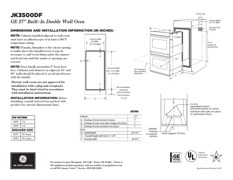 Page 1 de la notice Fiche technique GE JK3500DFBB