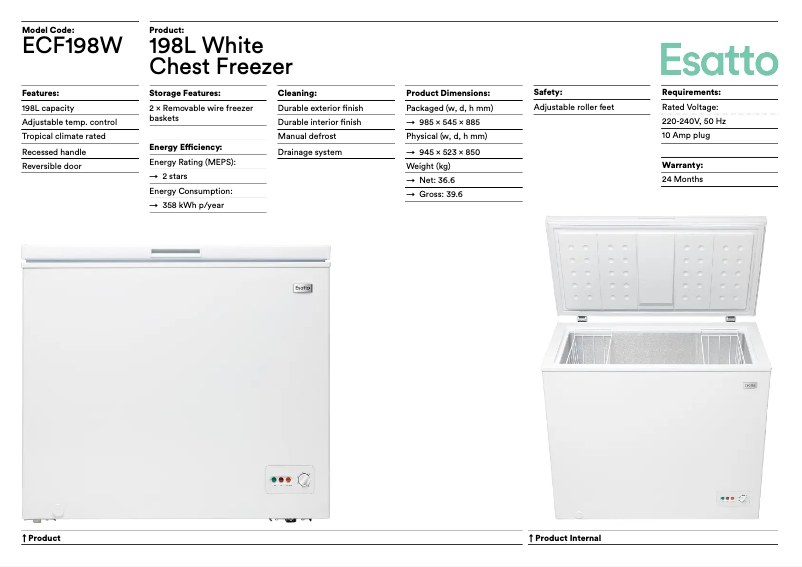 Page 1 de la notice Fiche technique Esatto ECF198W