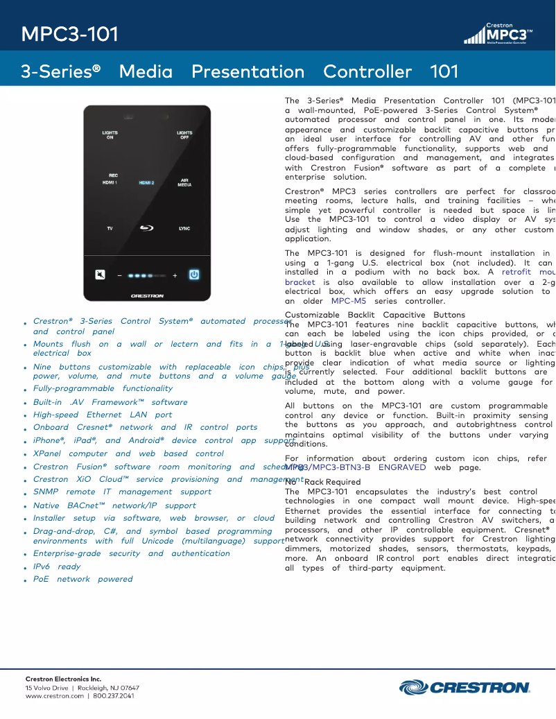Page 1 de la notice Fiche technique Crestron MPC3-101-B