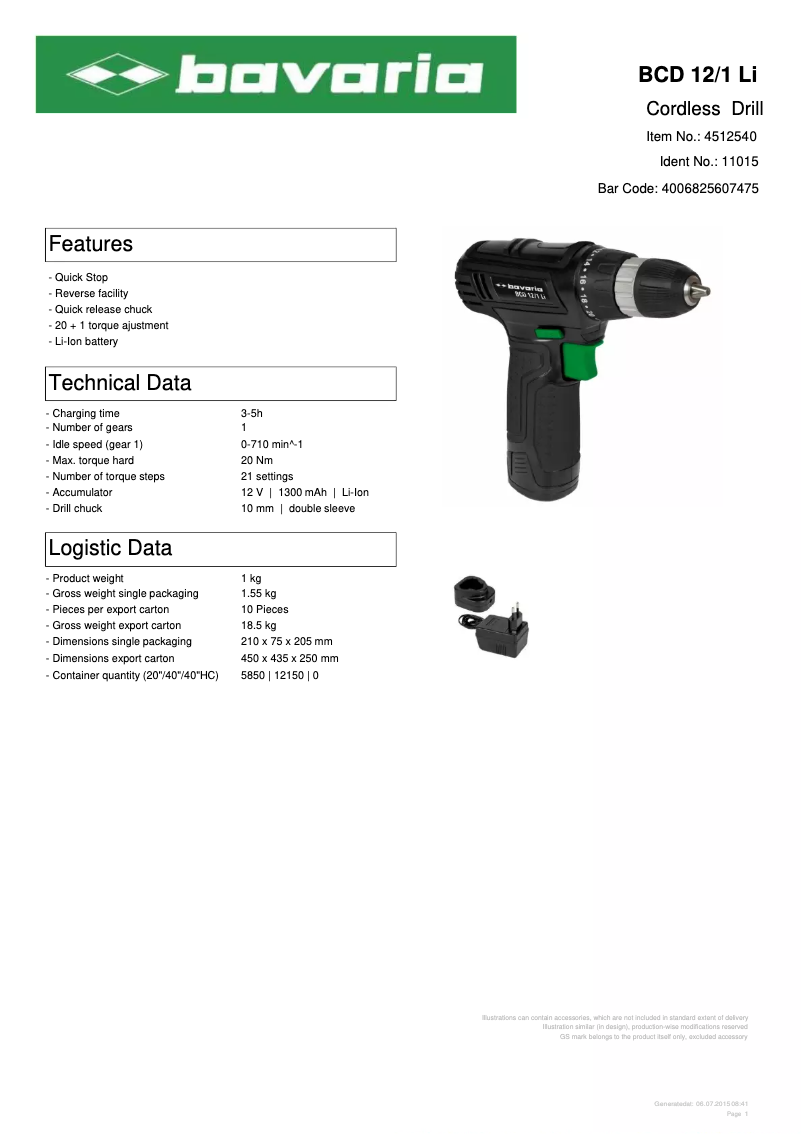 Page 1 de la notice Fiche technique Bavaria BCD 12/1 Li