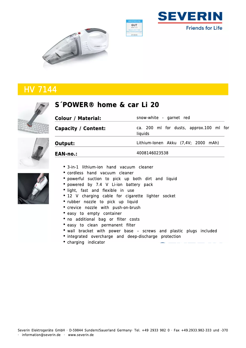 Page n°1 - Fiche technique Severin HV 7144