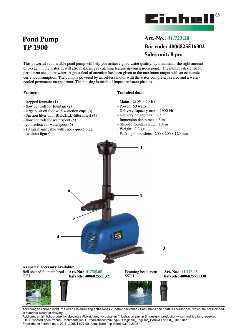 Page n°1 - Fiche technique Einhell Royal TP 1900