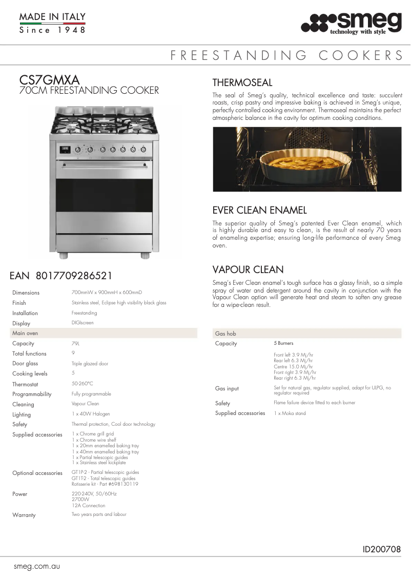 Page n°1 - Fiche technique Smeg CS7GMXA