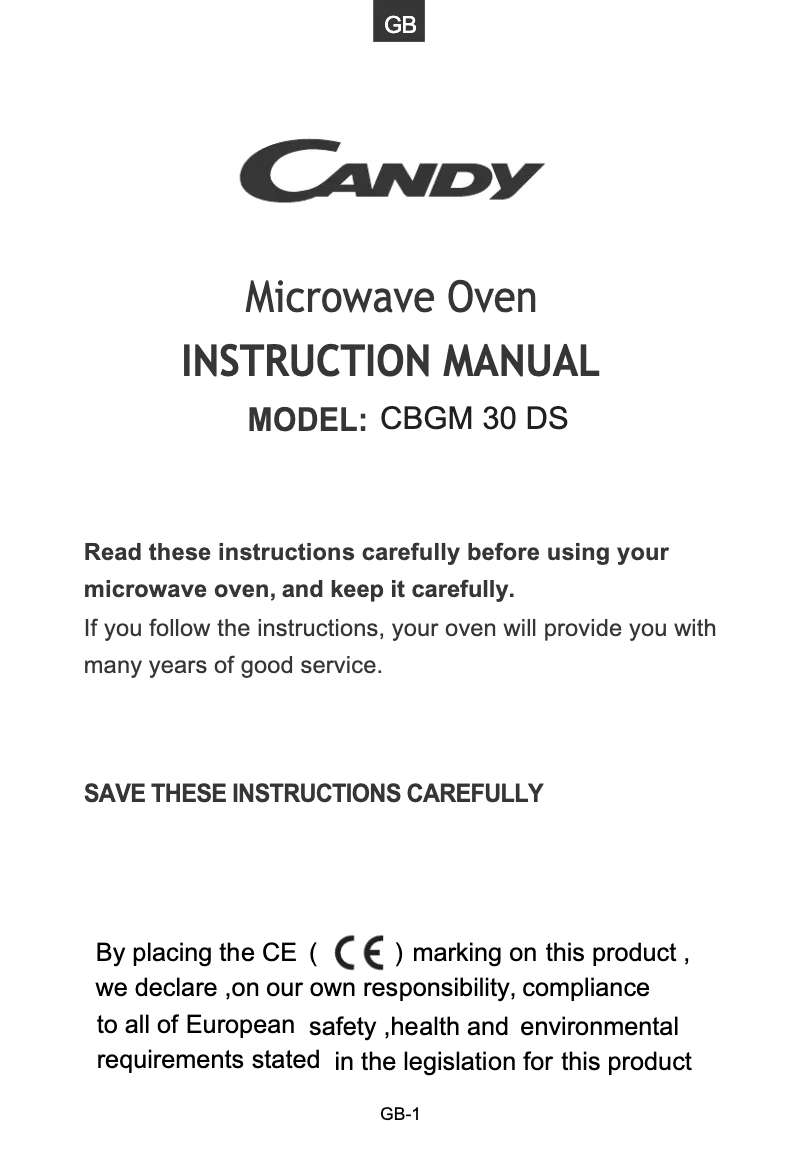 Page 1 de la notice Manuel utilisateur Candy CBGM30DS-UK
