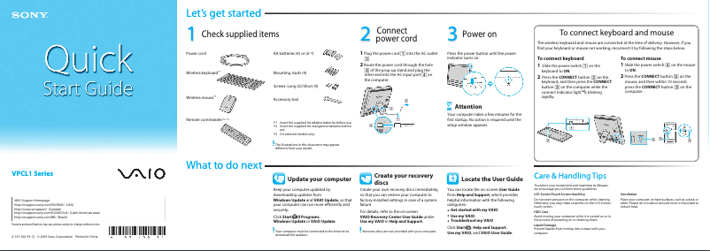 Page n°1 - Guide d'installation Sony Vaio VPCL112GX