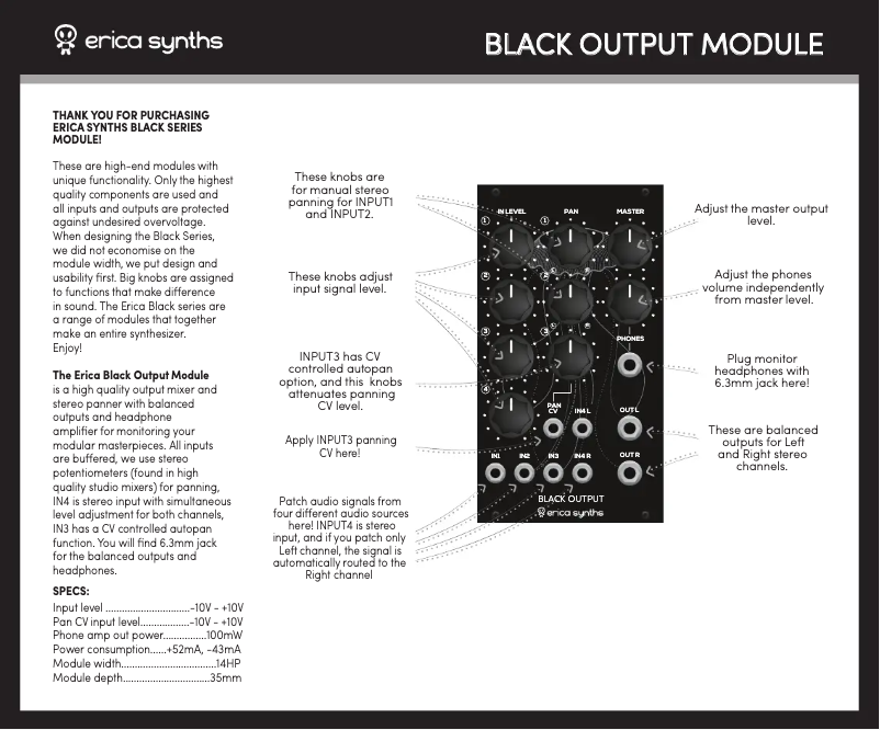 Page 1 de la notice Manuel utilisateur Erica Synths Black Output v2
