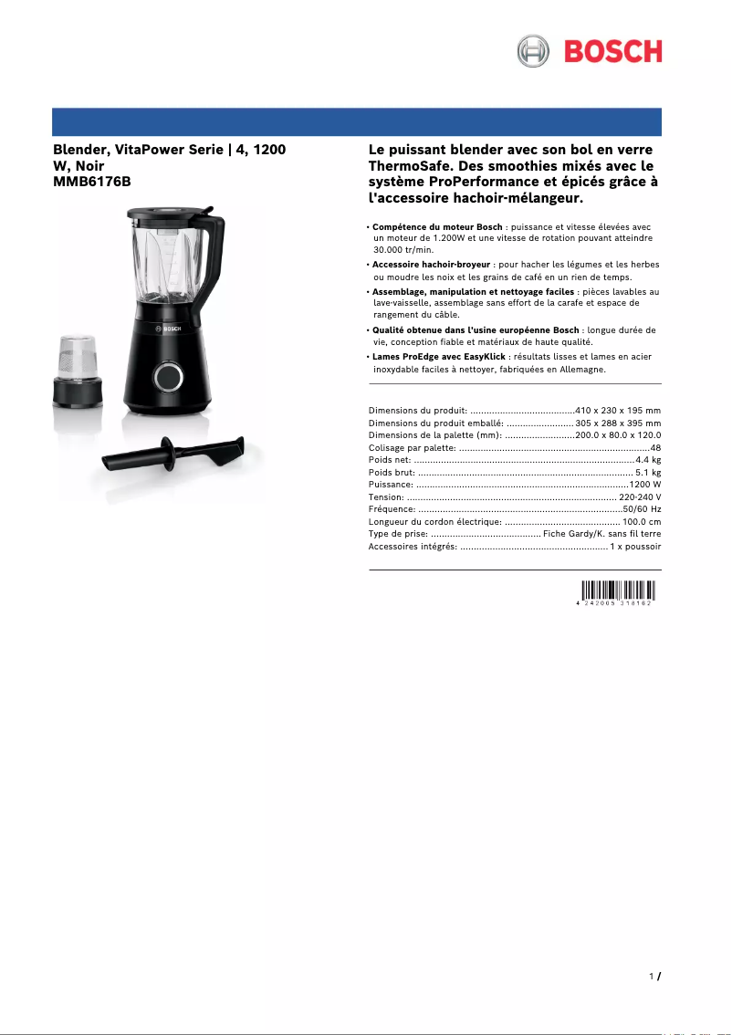 Page n°1 - Fiche technique Bosch VitaPower MMB6176B